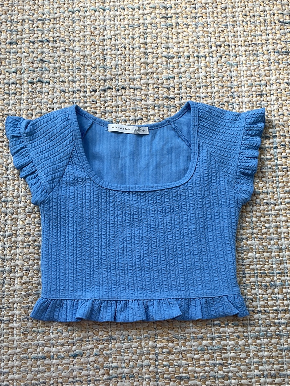 Altar'd State Blue Ribbed Square-Neck Crop Top with Ruffle Hem